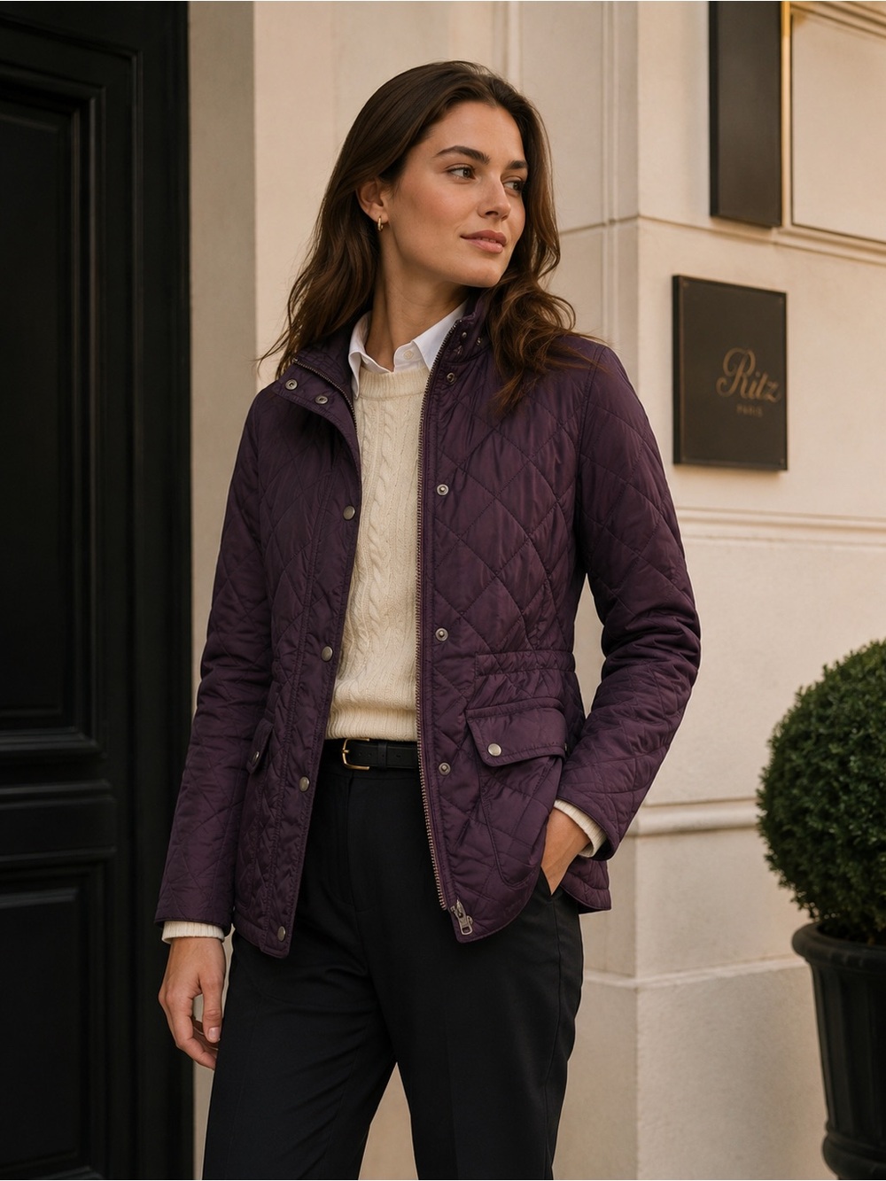 Coach New York Quilted Plum Jacket Women’s Small Leather Trim Snap Zip Coat